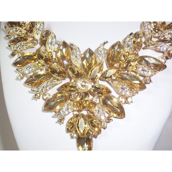Champagne Rhinestone Statement Necklace Set, Bridal, Party Prom Formal Necklace - Picture 4 of 8